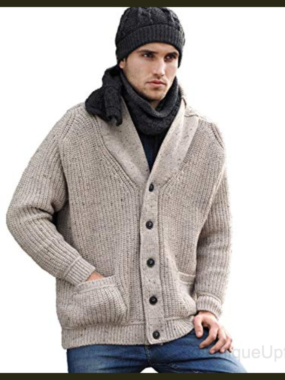 Aran Crafts Men's Merino Wool Cable Knit Ribbed Shawl Cardigan Sweater